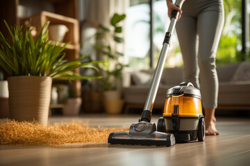 person with vacuum cleaner - obrazy, fototapety, plakaty