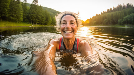 Fototapeta premium Selfie image of mature happy woman swim in the lake in middle of beautiful natural landscape