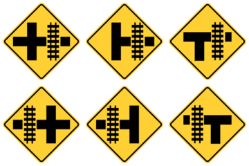 Transparent PNG of a Vector graphic of a usa level crossing by intersection highway sign. It consists of six road intersections next to a railroad crossing  within a black and yellow square