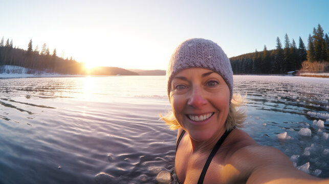 Selfie image of happy adult woman swim in the lake in middle of beautiful natural winter snowy landscape