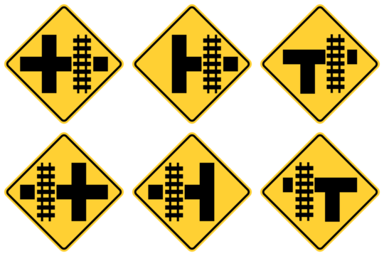 Transparent PNG of a Vector graphic of a usa level crossing by intersection highway sign. It consists of six road intersections next to a railroad crossing  within a black and yellow square