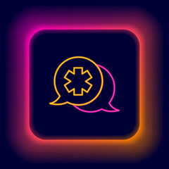 Glowing neon line Dialogue with the doctor icon isolated on black background. Doctor and patient dialog. Consulting about medical health services. Colorful outline concept. Vector