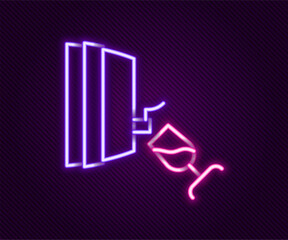 Glowing neon line Wine tasting, degustation icon isolated on black background. Wooden barrel for wine with glass. Colorful outline concept. Vector