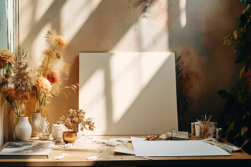 artistic frame canvas mock up in a curated whimsical studio setting / vintage artists desk, atelier bohemian style with natural light and shadows - ai generative art - obrazy, fototapety, plakaty
