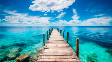 青い珊瑚礁の海と木製の桟橋 - obrazy, fototapety, plakaty