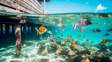 桟橋のそばの水中を泳ぐ色とりどりの熱帯魚と珊瑚礁の海