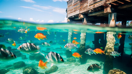 桟橋のそばの水中を泳ぐ色とりどりの熱帯魚と珊瑚礁の海
