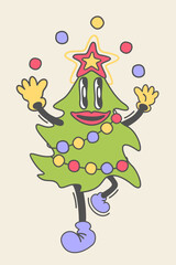 Retro cartoon cute Christmas tree. Vector isolated illustration. Fir juggling christmas balls.