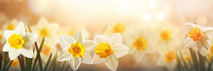 Naklejka na ściany i meble Blooming Beauty Daffodils Wallpaper - A Nature Display Adorned by Bokeh - Leaving a Gentle Space for Words - Beautiful Bokeh Daffodils Backdrop created with Generative AI Technology