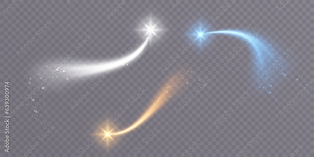 Poster Golden magic comet with lots of sparkling dust shimmering light effects. Magic golden wind for web design and fabulous decoration. vector png	