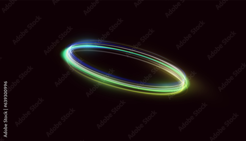 Wall mural abstract neon gold ring with a green tint. a bright plume of luminous rays swirling in a fast spiral