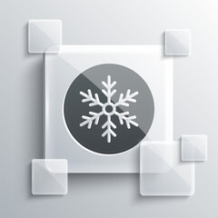 Grey Snowflake icon isolated on grey background. Merry Christmas and Happy New Year. Square glass panels. Vector