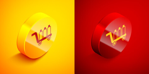 Isometric Trolley suitcase icon isolated on orange and red background. Traveling baggage sign. Travel luggage icon. Circle button. Vector