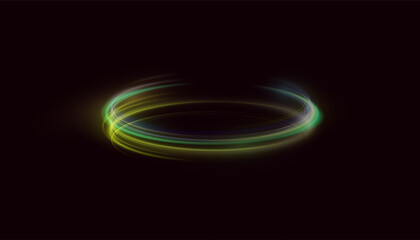 Abstract neon gold ring with a green tint. A bright plume of luminous rays swirling in a fast spiraling motion. Light golden swirl. Curve gold line light effect. Vector	