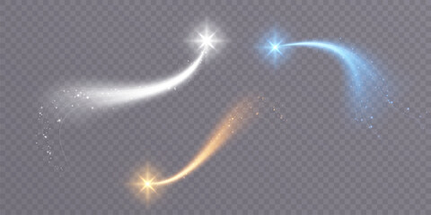 Golden magic comet with lots of sparkling dust shimmering light effects. Magic golden wind for web design and fabulous decoration. vector png  © MAKSYM