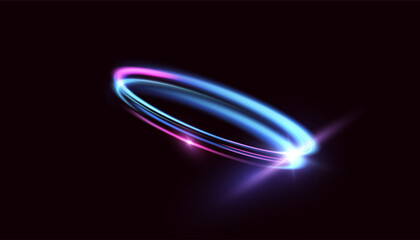 Abstract neon blue-violet ring. A bright plume of luminous rays swirling in a fast spiraling motion. Light golden swirl. Curve gold line light effect. Vector	
