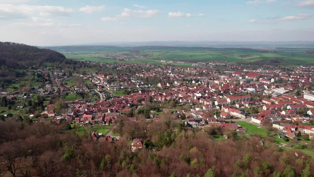 Drone flying over beautiful small city Bleicherode in Germany