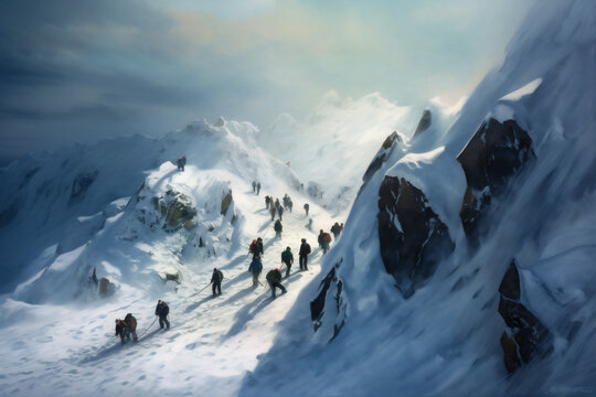 mountain blizzard snow nature group hiking winter adventure sport landscape. Generative AI.