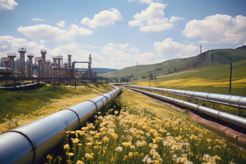 Gas and oil pipeline crosses green landscape to the industrial refinery, petroleum organization delivering resources production - obrazy, fototapety, plakaty