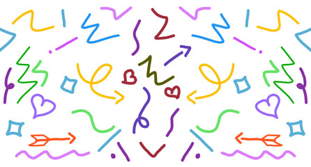 Fun colorful line doodle seamless pattern. Creative minimalist style art background for children or trendy design with basic shapes.