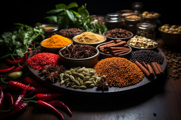 Various kind of Indian spices and herbs. 