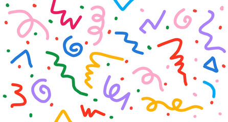 Fun colorful line doodle seamless pattern. Creative minimalist style art background for children or trendy design with basic shapes.