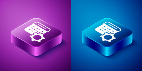 Isometric Calendar settings icon isolated on blue and purple background. Date settings. Square button. Vector