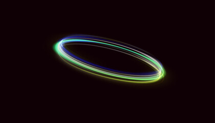 Abstract neon gold ring with a green tint. A bright plume of luminous rays swirling in a fast spiraling motion. Light golden swirl. Curve gold line light effect. Vector	