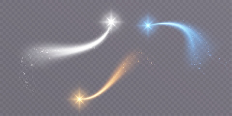 Golden magic comet with lots of sparkling dust shimmering light effects. Magic golden wind for web design and fabulous decoration. vector png	