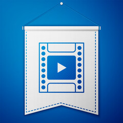 Blue Camera vintage film roll cartridge icon isolated on blue background. 35mm film canister. Filmstrip photographer equipment. White pennant template. Vector