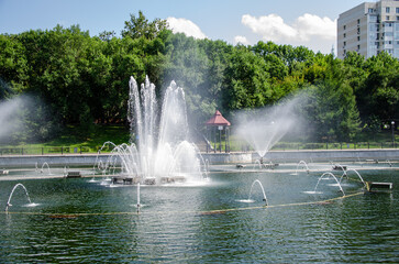 A pond with working fountains, surrounded by a monument of trees and lawn
