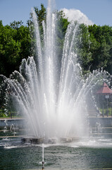 A pond with working fountains, surrounded by a monument of trees and lawn