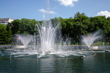 Fototapeta premium A pond with working fountains, surrounded by a monument of trees and lawn