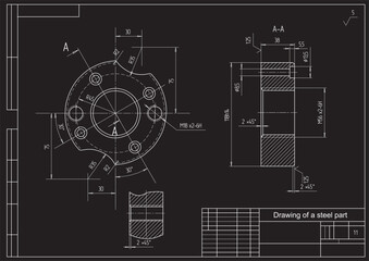 Obraz premium Vector drawing of a steel mechanical part with through holes. Engineering cad scheme. Technical background.