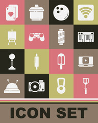 Set Spatula, Online play video, Music synthesizer, Bowling ball, Gamepad, Easel or painting art boards, Playing cards and Sewing thread on spool icon. Vector