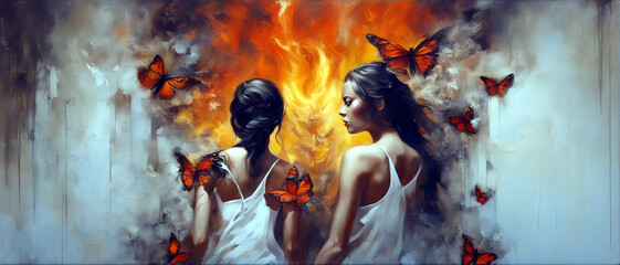 Zwei junge Frauen stehen vor einer zerbrochenen Wand, hinter der ein Feuer brennt. Schmetterlinge. Konzept: Angst und Stressbewältigung. ki erzeugter 3d render