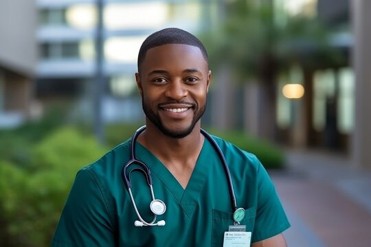 African American Male Doctor Or Nurse With Stethoscope At Hospital