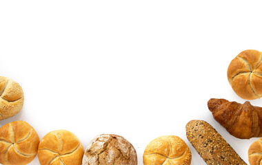 Fototapeta premium Variety for breakfast bread products from bakery, traditional plate isolated on white background