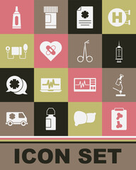 Set X-ray shots, Microscope, Syringe, Clinical record, Healed broken heart, Blood pressure, Ointment cream tube medicine and Medical scissors icon. Vector