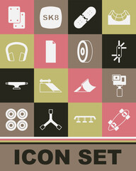 Set Longboard or skateboard, Action camera, Tool allen keys, Broken deck, Grip tape, Headphones, Knee pads and Skateboard ball bearing icon. Vector