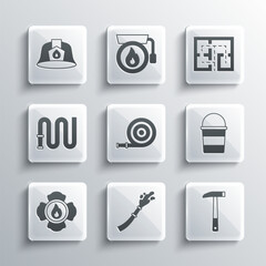 Set Fire hose reel, Firefighter axe, bucket, helmet and Evacuation plan icon. Vector