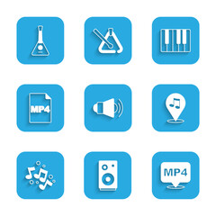 Set Megaphone, Stereo speaker, MP4 file document, Location musical note, Music note, tone, synthesizer and Balalaika icon. Vector