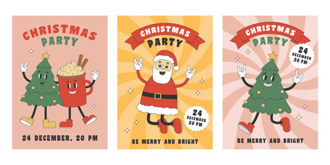 Set of Christmas party posters with groovy hippie Christmas characters. Template for party invitation, poster, banner, greeting card