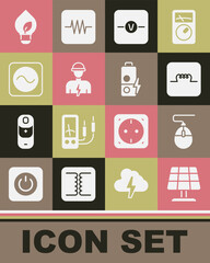 Set Solar energy panel, Computer mouse, Inductor in electronic circuit, Voltmeter, Electrician, AC voltage source, Light bulb with leaf and Battery charge icon. Vector