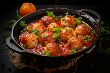 Tomato kissed delight Chicken fillet and meatballs baked, drizzled with tomato sauce perfection Generative AI