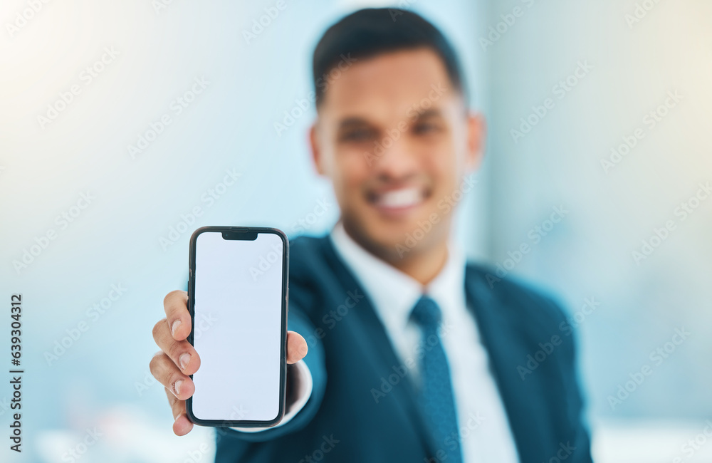 Poster business man, portrait and phone screen, presentation and mock up of stock market and web 3.0 ui or 