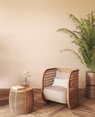 Japandi boho beige interior with green palm plants and armchair background. Light modern australian livingroom. 3d rendering. High quality 3d illustration