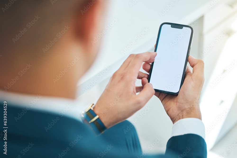 Aufkleber Business man, hands and phone screen or space for stock market, online scroll and Web 3.0 ui or ux design mockup. Corporate person or trader FAQ, trading information and contact on mobile technology