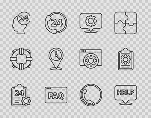 Set line Checklist with 24 hours service, Speech bubble text Help, Location gear, Browser FAQ, Support operator in touch, clock, Telephone support and icon. Vector