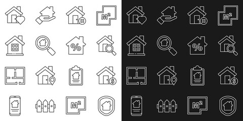Set line House under protection, with dollar symbol, Search house, wrong mark, heart shape and percant discount icon. Vector